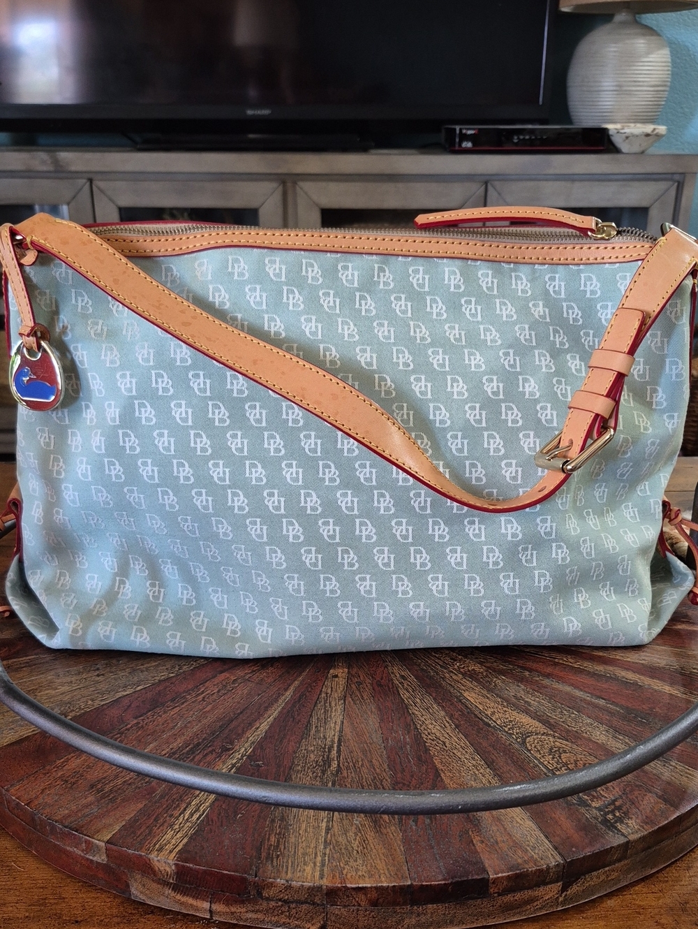 Dooney & Bourke Mint Green Canvas Logo Shoulder Bag with Tan Leather Trim
